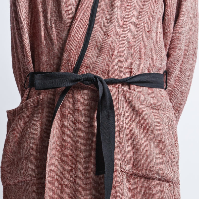 Linen Men's Bathrobe - Red Fishbone